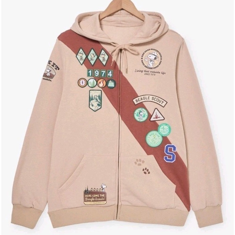 Peanuts Beagle Scouts Embroidered Badges Patches Full Zip Hoodie NEW Unisex 2XL